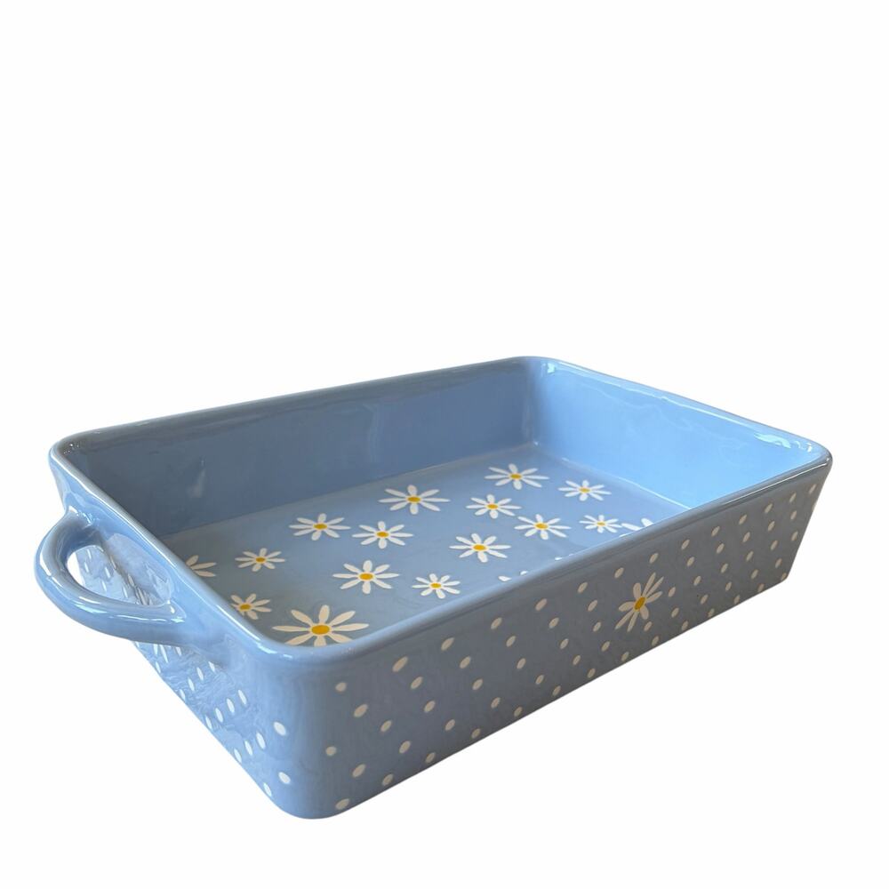 10 Strawberry Street Daisy Rectangular Baker 12x8 Blue Polka Dot NEW